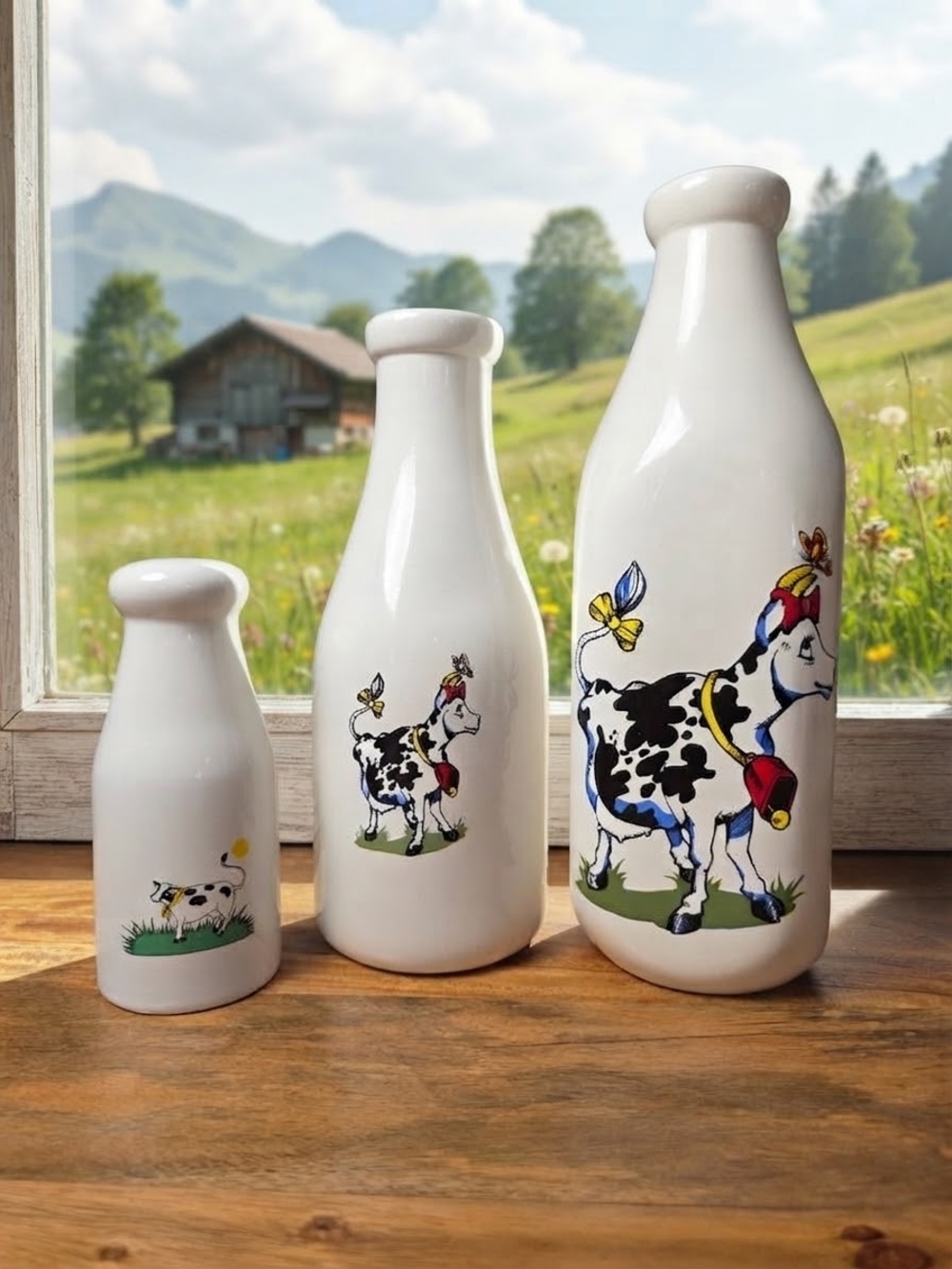 Vintage Hand-Painted Cow Ceramic Milk Bottles & Shaker Set of 3